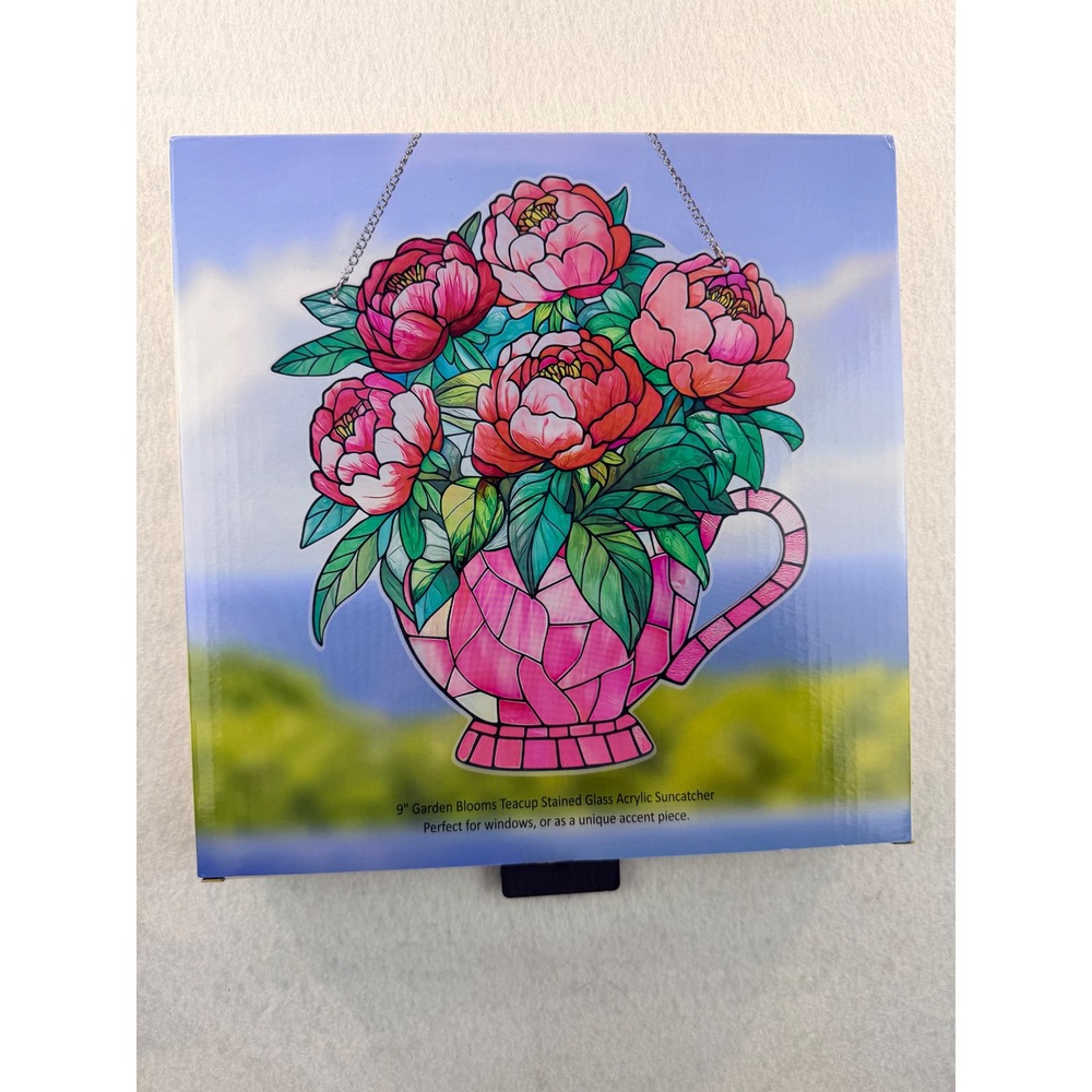 Garden Blooms 9 inch Teacup Stained Glass Acrylic Suncatcher Pink Peony 76328-HD